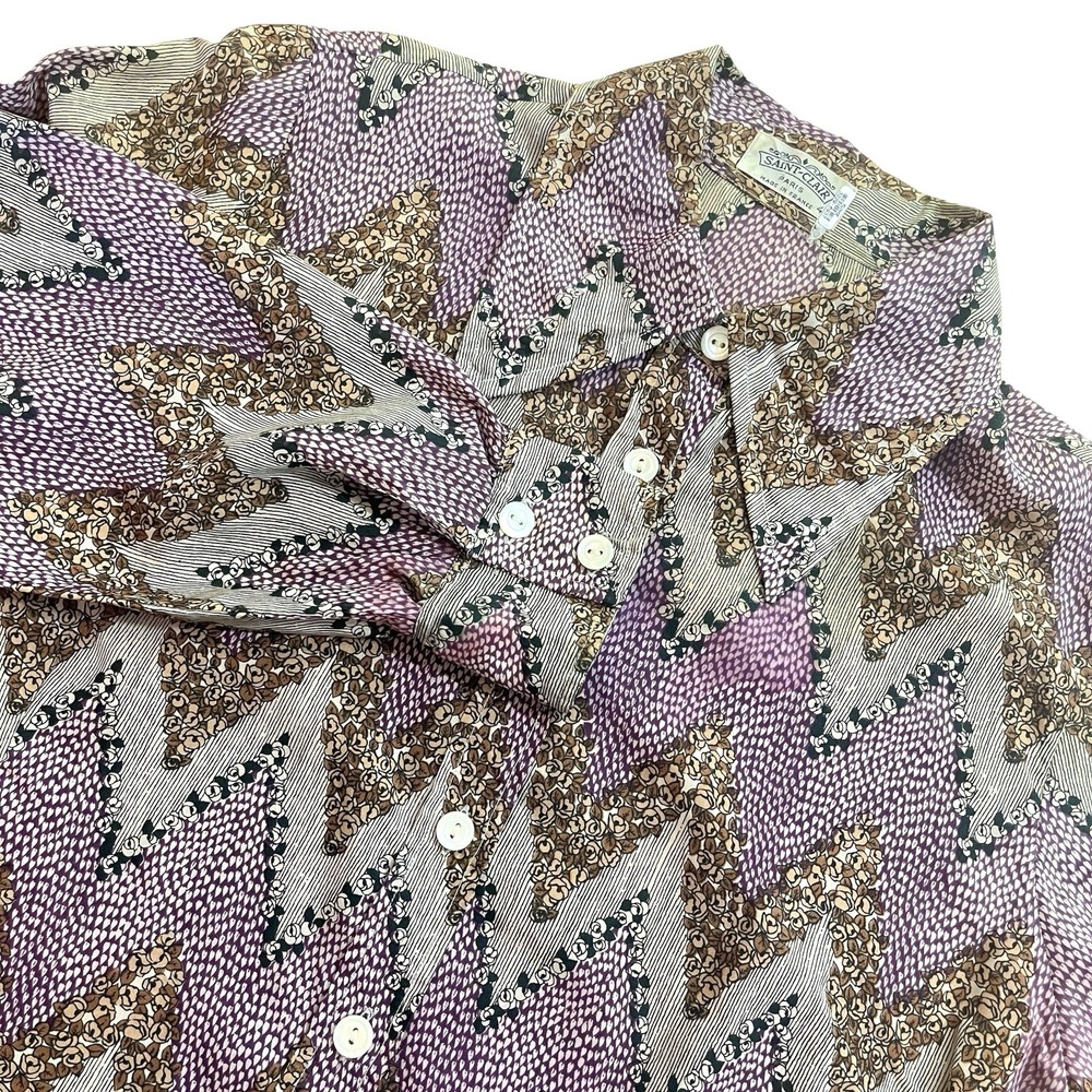 Vintage 1970s Saint Clair Paris Blouse Womens 42 US 10 Colorful Floral Satin